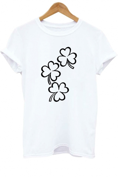 Fashion Floral Lucky Clover Printed Short Sleeve Relaxed Fit T-Shirt