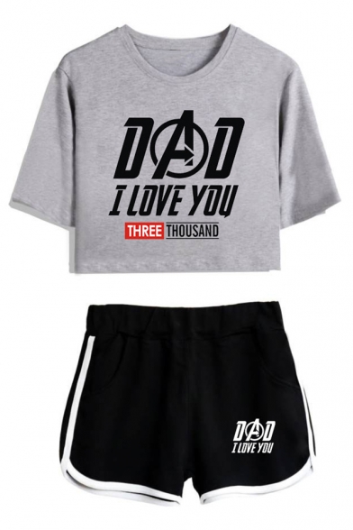 Fashion Letter DAD I LOVE YOU THREE THOUSAND Print Cropped Tee Casual Loose Shorts Summer Sport Two-Piece Set