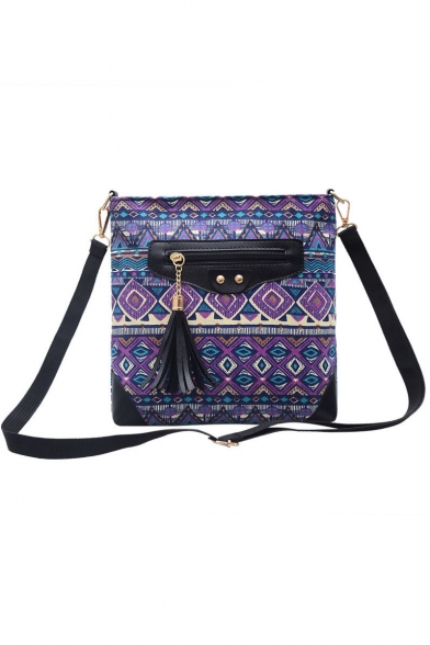 Fashion National Style Geometric Pattern Tassel Zipper Embellishment Crossbody Bag 26*4*24 CM