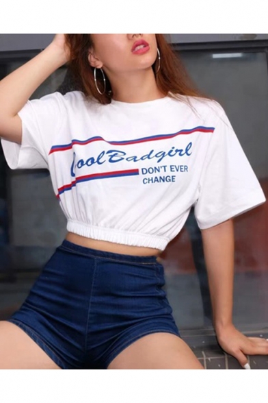 Fashion Striped Letter GOOD BAD GIRL Printed Round Neck Short Sleeve White Cropped T-Shirt