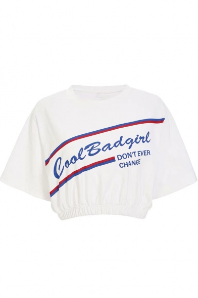Fashion Striped Letter GOOD BAD GIRL Printed Round Neck Short Sleeve White Cropped T-Shirt