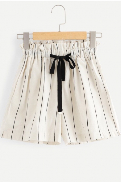 Fashion Vertical Stripe Printed Bow-Tied Drawstring Waist White Casual Paperbag Shorts for Women