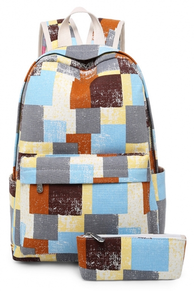 Fashion Vintage Color Block Plaid Pattern Canvas Schoolbag Backpack 32*13*41 CM