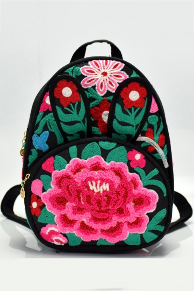 Folk Style Floral Embroidery Pattern Canvas Backpacks for Women 21*11*28 CM