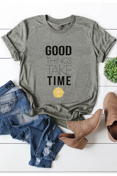 Funny Letter GOOD THINGS TAKE TIME Short Sleeve Round Neck Basic T-Shirt