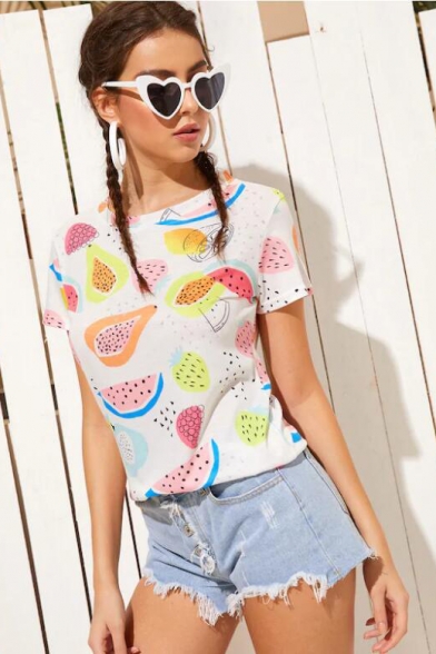 Girls Lovely Watermelon Printed Round Neck Short Sleeve White Casual Tee