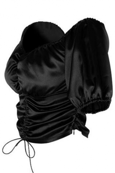 Girls Vintage Puff Sleeve Short Sleeve Drawstring Front Off the Shoulder Plain Black Cropped Top
