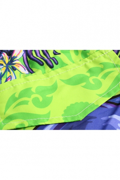 Green Mens Summer Elastic Elephant Flowers Print Beach Shorts with Mesh Liner