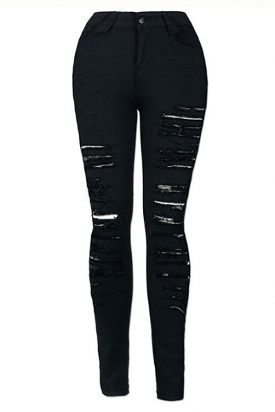 High Waist Solid Color Distressed Ripped Black Stretch Fit Jeans for Women