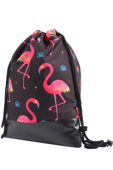 Hot Fashion Flamingo Printed Black Drawstring Backpack 36*46.5 CM