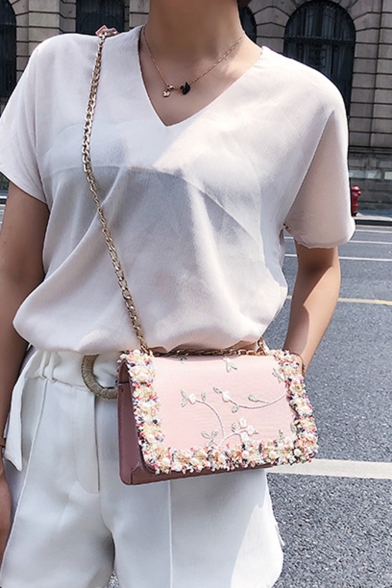 Hot Fashion Floral Lace Patched Pearl Embellishment Square Crossbody Bag 20*7.5*13 CM