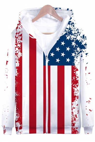 Independence Day Fashion Flag Printed Casual Loose Zip Up Hoodie