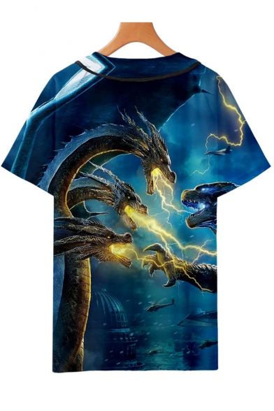 King of the Monsters Cool 3D Printed Short Sleeve V-Neck Button Down Baseball Shirt in Blue