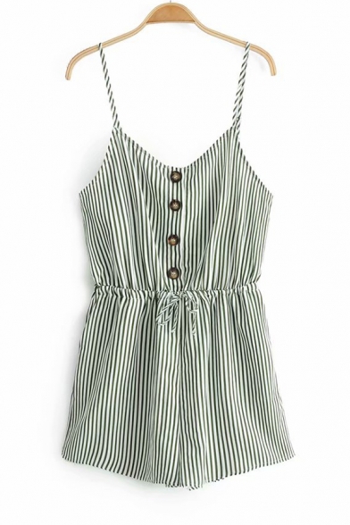 Light Green Vertical Striped Printed Button Front Drawstring Waist Casual Strap Romper for Women