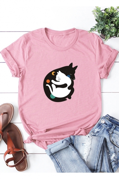 Lovely Cartoon Cat and Dog Printed Short Sleeve Round Neck Cotton T-Shirt