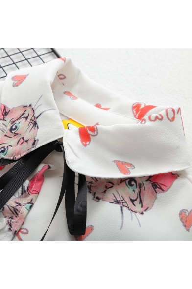 Lovely Cartoon Cat Heart Printed Short Sleeve Tied Collar White Button Down Shirt