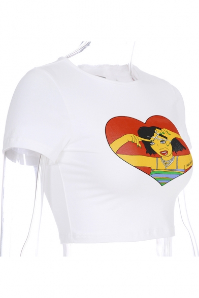Lovely Cartoon Girl Print Short Sleeve White Cropped T-Shirt