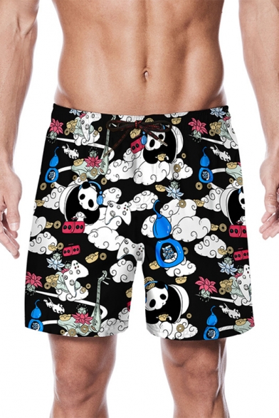Lovely Cartoon Panda Pattern Men's Summer Black Beach Swim Trunks