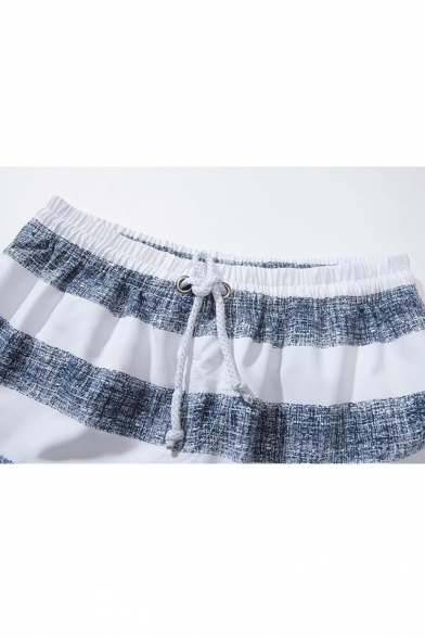Men's Basic Simple Stripe Printed Drawstring Waist Loose Fit Swimming Trunks with Liner