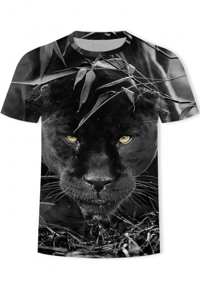 Men's Hot Popular 3D Panther Printed Basic Round Neck Short Sleeve Loose Grey T-Shirt