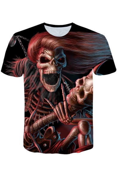 Men's Hot Popular 3D Skull Skeleton Printed Basic Round Neck Short Sleeve Slim Fit Black T-Shirt