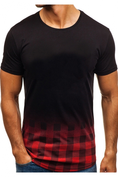 Men's New Stylish Round Neck Short Sleeve Ombre Color Plaid Fitted T-Shirt
