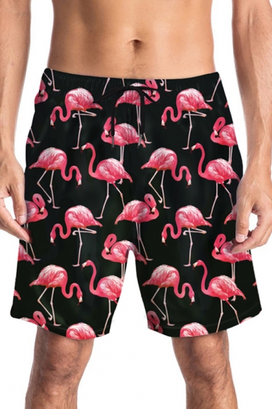 Mens Hot Fashion Allover Flamingo Printed Drawstring Waist Black Swim Shorts