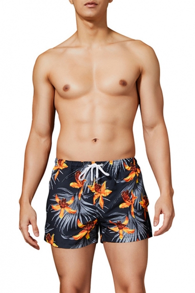 Mens Summer Popular Tropical Printed Drawstring Waist Casual Loose Swim Shorts Board Shorts