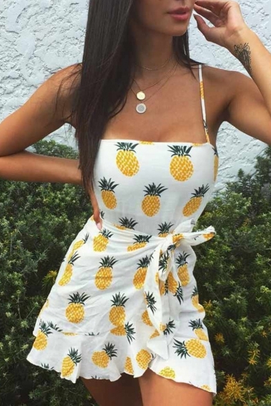 New Fancy Summer Pineapple Printed Bow Tied Waist Beach Mini White Ruffled Slip Dress