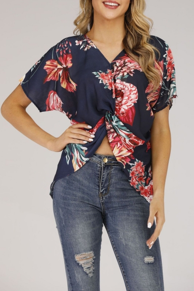 New Fashion V-Neck Short Sleeve Floral Printed Twisted Front Summer Chiffon Tee Top