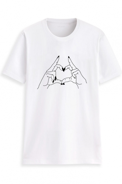 Cute Gesture Heart Print Round Neck Short Sleeve slim T-Shirt For Women