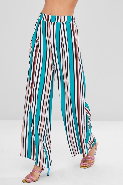 New Stylish Blue Stripe Printed Womens Wide Leg Culotte Pants
