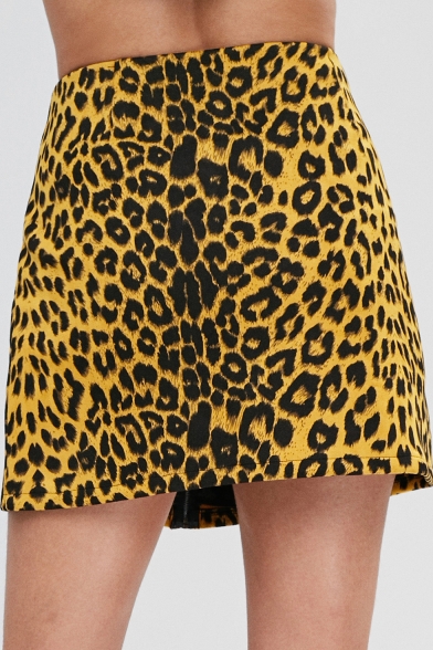 New Stylish Yellow Leopard Printed Zipper Front Mini A-Line Skirt