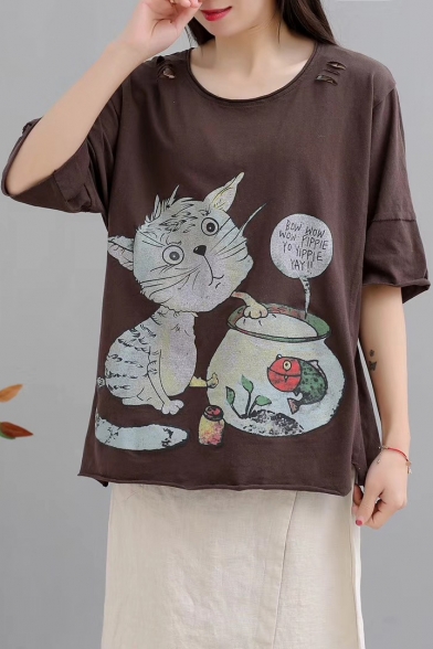 New Trendy Cartoon Cat Letter Printed Half Sleeve Round Neck Cutout Cotton Graphic Tee