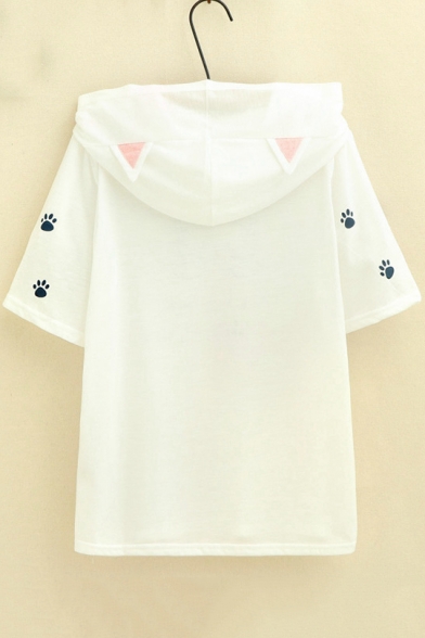 New Trendy Casual Lovely Cat Print Letter Short Sleeve Hooded Graphic Tee