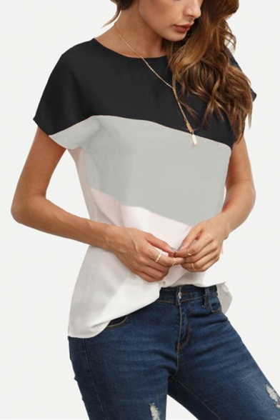 New Trendy Color Block Round Neck Short Sleeve Casual T-Shirt for Women