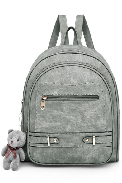 New Trendy Solid Color Bear Pendant Zipper Rivet Embellishment School Bag Casual Backpack 29*13*35 CM
