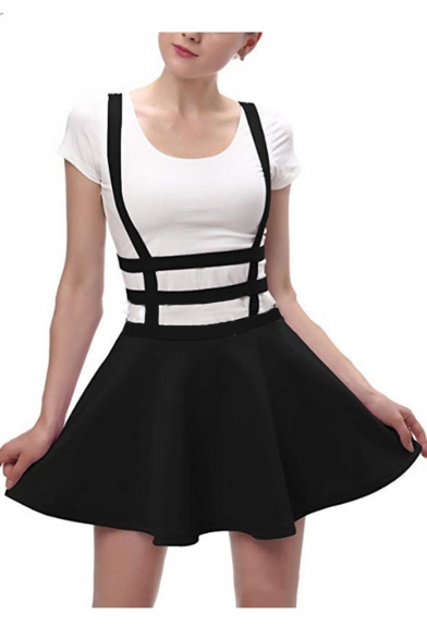 New Trendy Solid Color Hollow Out Strap Black Mini A-Line Braces Skirt
