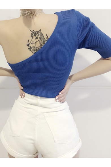 Popular Dollar Printed Oblique One Shoulder Slim Fit Knit T-Shirt for Women