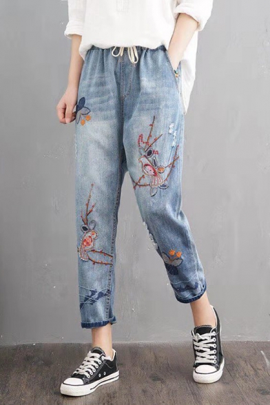 Retro Light Blue Floral Embroidery Drawstring Waist Cropped Casual Jeans for Girls