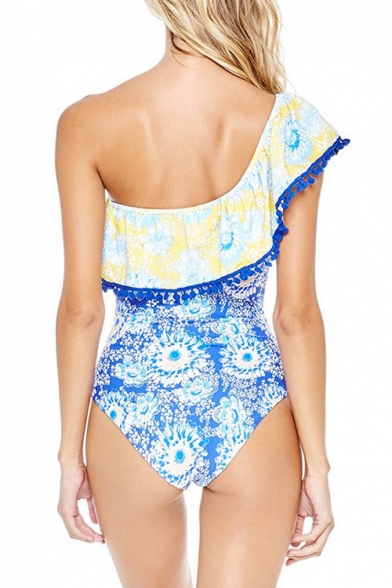 Stylish Ethnic Floral Printed Ruffle Hem One Shoulder Blue One Piece Swimsuit for Women
