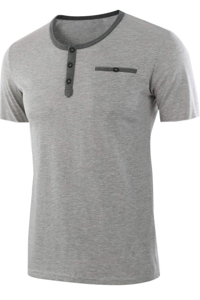 Stylish Short Sleeve Round Neck Plain One Pocket Button Detail Casual Henley Shirt for Men
