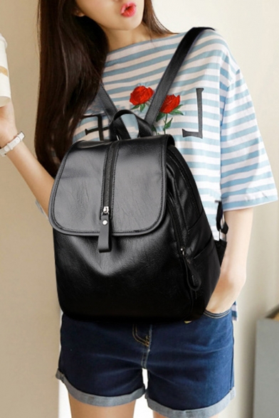 Stylish Solid Color Zipper Front Black PU Leather Backpack 26*12*34 CM