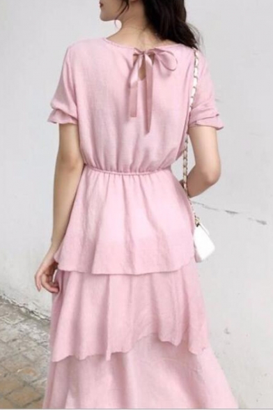 Summer Basic Solid Color Round Neck Short Sleeve Midi A-Line Ruffled Dress