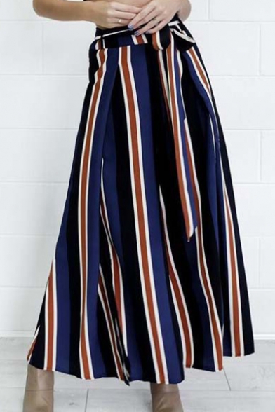 Summer Blue Stripe Printed Tied Waist Split Side Cropped Culotte Pants Wide-Leg Pants for Women