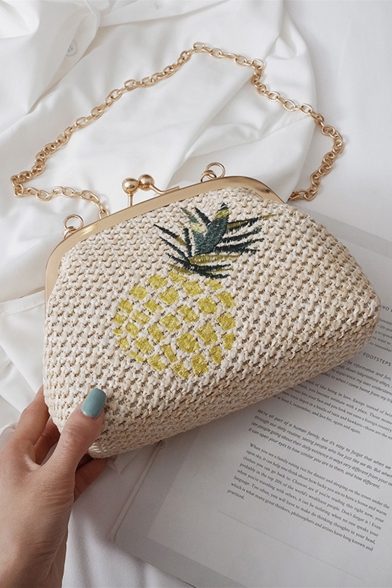Summer Fashion pineapple Embroidery Pattern Khaki Straw Crossbody Clutch Bag 20*9*15 CM