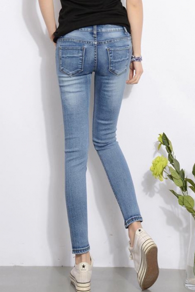 Summer Fashion Ripped Patchwork Womens Light Blue Stretch Slim Fit Jeans