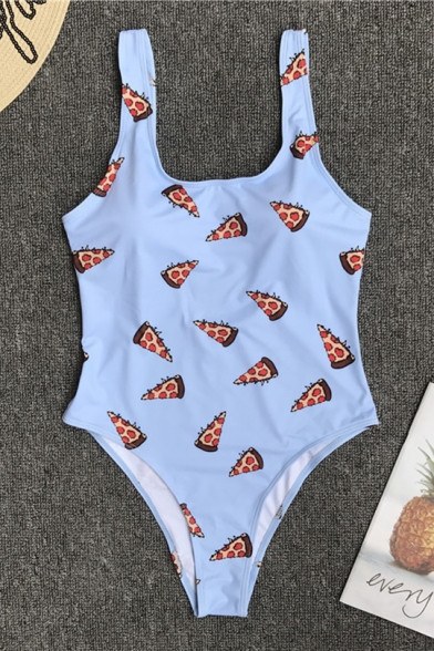 Summer Funny Allover Pizza Printed Scoop Neck Light Blue One Piece Swimsuit Swimwear for Women