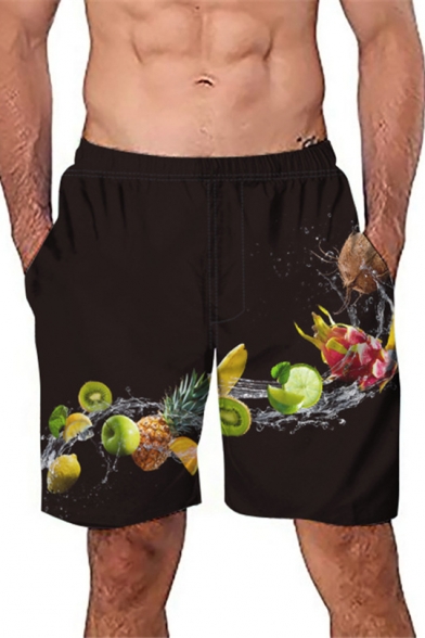 Summer Funny Unique Fruit Pattern Mens Elastic Waist Black Beach Swim Shorts