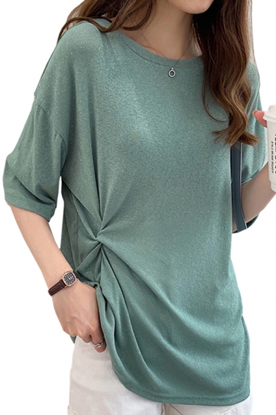 Summer Girls Chic Avocado Green Round Neck Twist Side Solid Color Relaxed T-Shirt